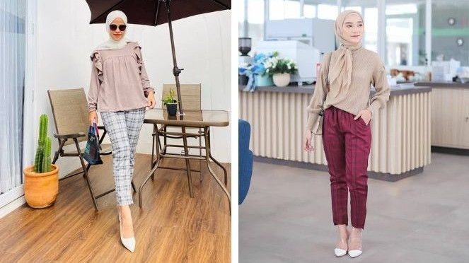 OOTD Celana Kotak-kotak untuk Wanita Berhijab